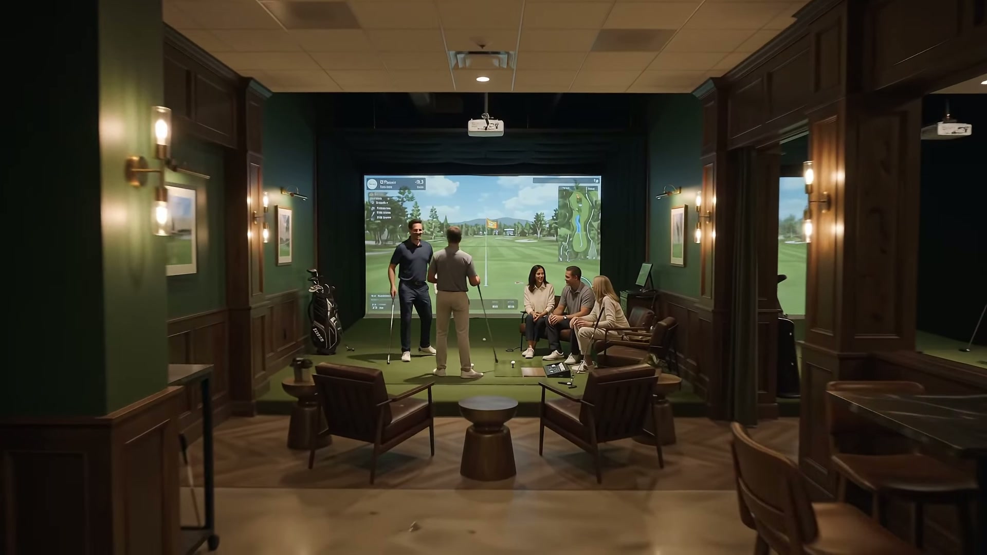 Friends enjoying a round inside a premium indoor golf simulator